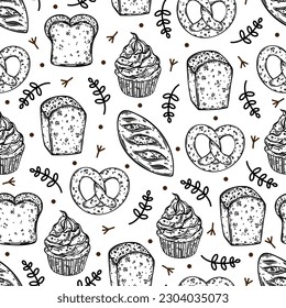Pastry seamless vector pattern. Fresh organic bread, cupcake, loaf, pretzel. Delicious baked goods. Grain pies with crispy crust. Food sketch. Black and white background for packaging, menu, web