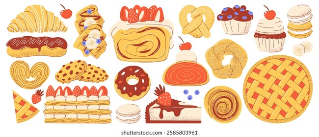 Pastry set. Popular desserts, fresh baked food. Donut, macaron, croissant, eclair, strudel, mille feuille, bagel, cinnamon roll. Flat trendy vector illustration, isolated on white background