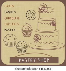 Pastry shop 3. Vintage poster with hand drawn pastry shop related objects and words.