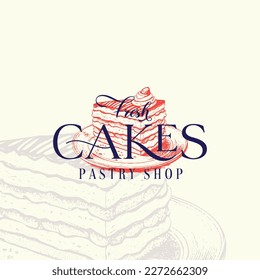 Pastry Shop Abstract Sign, Symbol or Logo Template. Hand Drawn Piece of Cake and Typography. Confectionary Vector Emblem Concept. Isolated.