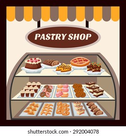 Pastry shop background with tasty cakes pies biscuits and donuts flat vector illustration 