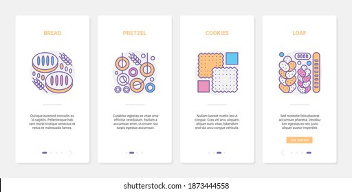 Pastry shop, bakery cafe food products vector illustration. UX, UI onboarding mobile app page screen set with line breakfast bread snacks menu, baked cookies, pretzel different meal, loaf