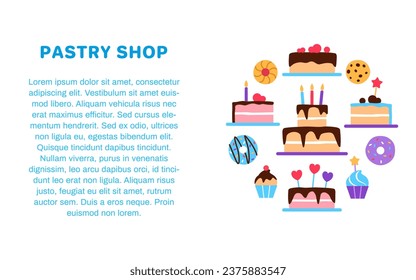 Pastry shop banner flyer brochure template with text copy space. Colorful baked healthy food circle concept design Dessert elements donut cake cupcake for cafe restaurant menu flat vector illustration