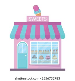 Pastry shop building icon with various sweets on the display window. Pastry business concept.