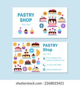 Pastry shop business card template. Baked healthy food visit card design. Bright colorful flat dessert snack elements donut cake muffin croissant for confectionery, sweet shop cafe vector illustration