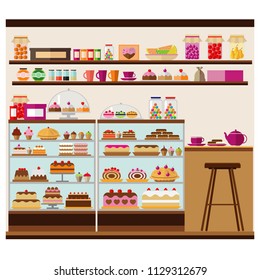 Pastry shop, cafe with lots of delicious sweets. Interior vector illustration set.