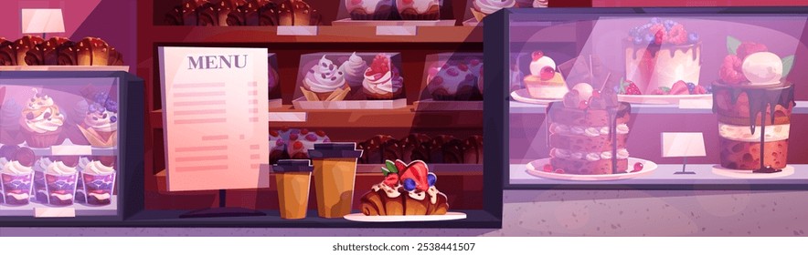 Pastry shop or cafe showcase displays delicious baked dessert goods behind glass. Menu board, assorted cupcakes, layered cakes, fruit-topped croissants and takeaway coffee cups on counter bar.