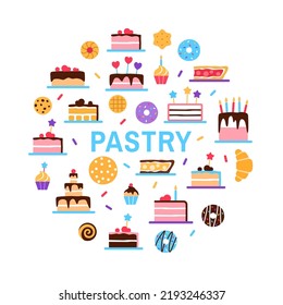 Pastry shop circle concept on white background. Colorful elements with text. Danish pastries patisserie for cafe restaurant menu banner design. Cake donut bun cookie croissant pie vector