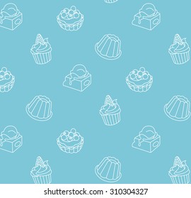 Pastry shop confectioneries background white outline drawing illustrations with light blue background in modern an simple style