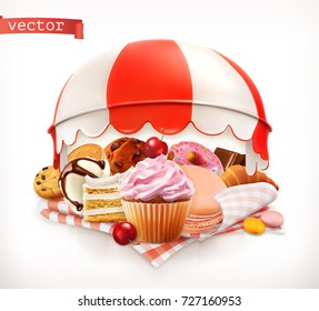 Pastry Shop, Confectionery. Sweet Dessert. Cake, Cupcake, Donut, Whipped Cream, Cookies. 3d Realistic Vector