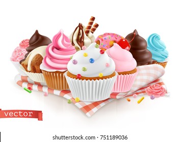 Pastry shop, confectionery. Sweet dessert. Cake, cupcake. 3d realistic vector