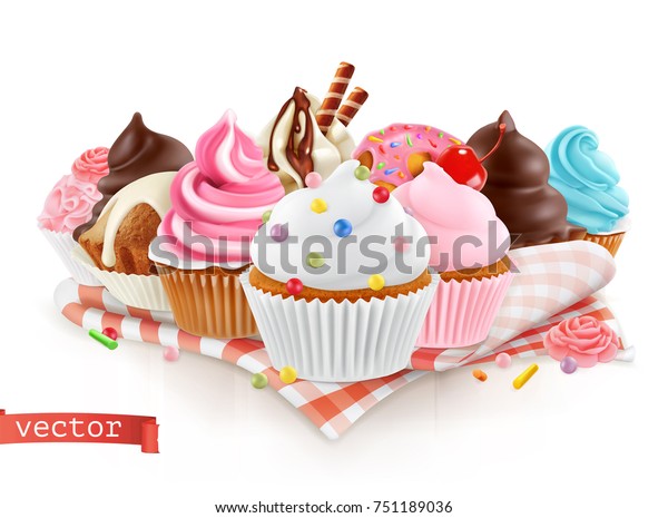 菓子屋 甘いデザート ケーキ カップケーキ 3dのリアルなベクトル のベクター画像素材 ロイヤリティフリー