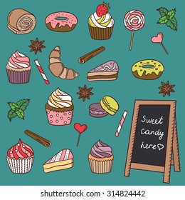 Pastry shop hand drawn icon set. Doodle collection confection