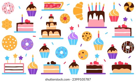 Pastry shop horizontal background or business card cover. Colorful baked tasty treat visit card design. Dessert elements donut cake muffin for cafe confectionery flat vector illustration.