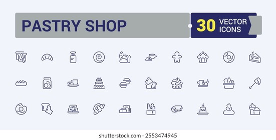 Pastry Shop icon pack. Contains related to accessories, Bakery, cake, pastry, cook, pin, graphic, collection. Thin outline icons pack. Editable stroke. Vector illustration.