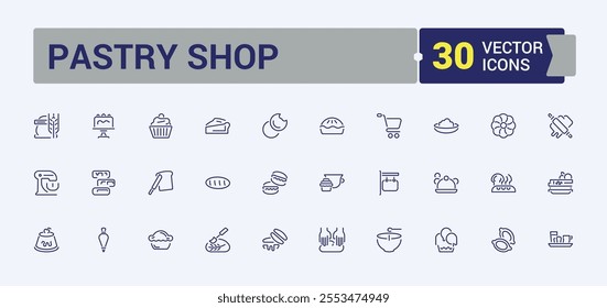 Pastry Shop icon pack. Contains related to accessories, Bakery, cake, pastry, cook, pin, graphic, collection. Thin outline icons pack. Editable stroke. Vector illustration.