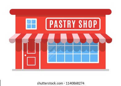 Pastry shop icon, symbol, store, market. The facade of the building with awning 
in flat style. Sign of the house is red color. Stylish cartoon image. Vector illustration isolated on white background.