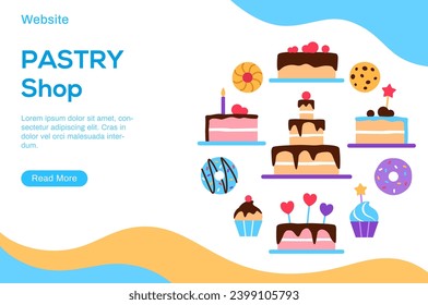 Pastry shop landing page template with copy space and button. Colorful baked tasty treat website design. Dessert flat elements cake muffin for cafe confectionery internet web page vector illustration.