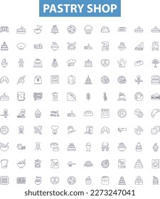 Pastry shop line icons, signs set. pastry, shop, bakery, confectionery, dessert, cake, cookie, brownie, pie outline vector illustrations.