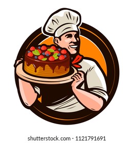Pastry shop logo or label. Chef with cake on a tray. Cartoon vector illustration