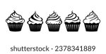 Pastry shop logo. Set of black cupcakes, muffin logo. Vector illustrations isolated on white background. Can be used as icon, sign or symbol - cupcake silhouette, cake, sweet pastries, muffin.