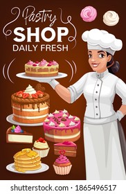 Pastry shop, patisserie bakery, vector baker woman presenting cake, homemade desserts, bake pancakes with honey topping and pies with cream, fresh baking sweet meringues, Bakery cupcake cartoon poster