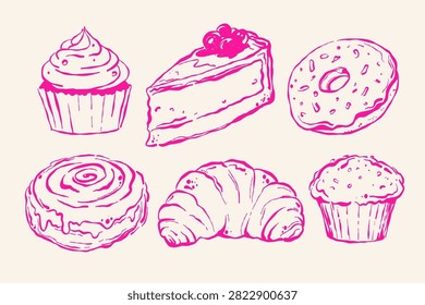 Pastry shop set. Cupcake, cake slice, doughnut, cinnamon bun, croissant and muffin. Bakery sweets, dessert menu. Sketch, silhouette, hand drawn line art.