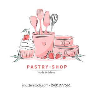 Pastry shop. Set of tools for making pastries, cookies and cakes. Confectionery tools, dessert and different berries. Vector illustration 
