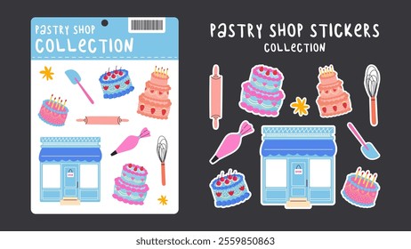 Pastry shop street fair stalls. Cartoon illustration of stalls with sweet cheesecakes, cupcakes, bento cakes. Kitchen utensils. Cartoon doodle retro vector stickers.