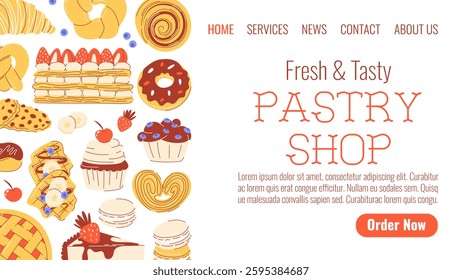 Pastry shop, tasty and sweet desserts. Cupcake, muffin, cheesecake, macaron, mille feuille, viennese waffle, palmier. Vector flat illustration for poster, banner, website, advertising, landing page