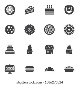 Pastry shop vector icons set, modern solid symbol collection, Bakery Sweets filled style pictogram pack. Signs, logo illustration. Set includes icons as piece of cake, croissants, muffin, cupcake, pie