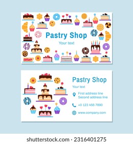 Pastry shop visit card template. Baked healthy dessert business card design. Bright colorful flat yummy snack objects donut cake cupcake croissant for confectionery sweet shop cafe vector illustration