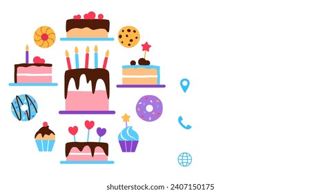 Plantilla de tarjeta de visita de pastelería con espacio de copia de texto. Diseño de tarjetas de negocios de comida saludable al horno. Brillantes y coloridas horneadas planas sabrosos elementos en el muffin de tarta. Ilustración vectorial de tienda dulce de confitería