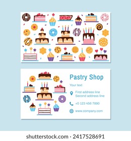Pastry shop visiting card template. Confectionery business card design. Bright colorful flat yummy snack dessert donut cake muffin croissant for baked food sweet shop cafe vector illustration.