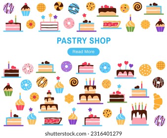 Pastry shop website template with copy space and button. Colorful baked tasty treat landing page design. Dessert flat elements doughnut cake cupcake for cafe menu internet web page vector illustration