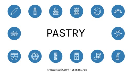 pastry simple icons set. Contains such icons as Rolling pin, Biscuit, Donut shop, Wafer, Chocolate chip, Cheburek, Pastry, Pancake, Cookies, can be used for web, mobile and logo