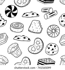 pastry snack food cookie and biscuit in seamless pattern with doodle style