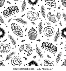 Pastry and spikelets seamless vector pattern. Fresh bread, loaf, cupcake, pretzel. Tasty eclair, bun, donut, croissant. Organic baked goods. Food sketch. Black and white background for packaging, menu