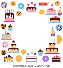 Pastry square frame with circle copy space for text on white background. Flat colorful baked elements border. Pastries patisserie for cafe menu design. Cake donuts croissant pie vector illustration.