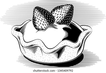A pastry with strawberries, on a background, in black and white vector.