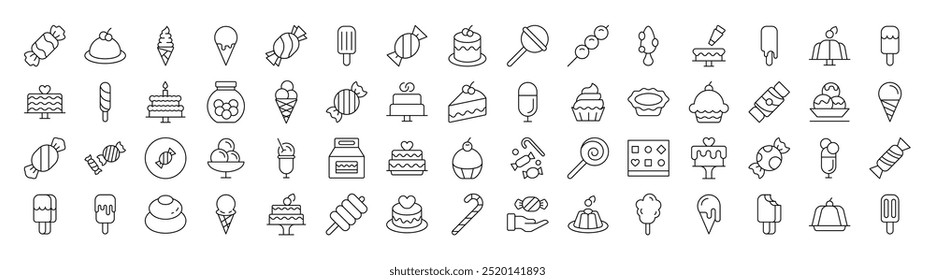 Pastelería, alimentos azucarados y postres Paquete de iconos delgados. Trazo Editable. Conveniente para los Sitios web, libros, tarjetas, App