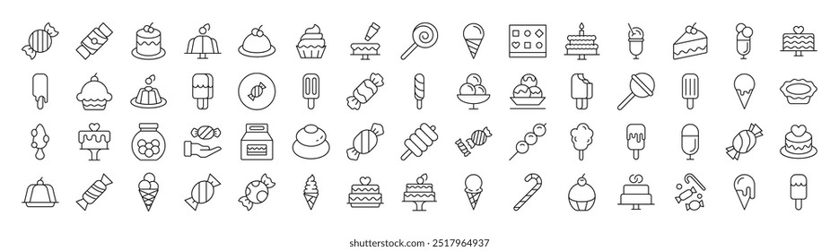 Pastry, Sugary Food and Desserts Icon Set for UI, Placards, Books, Apps. Editable Stroke. Suitable for Web Sites, Books, Cards, Apps