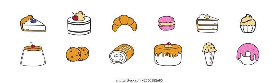 Pastry, Sugary Food and Desserts Icon Set. Sweets icon set Containing Birthday Cake, Chocolate Bar, Piece Of Cake, Cookie, Donuts, Cake Slice