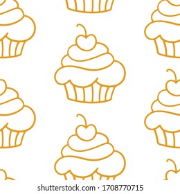 Pastry, sweet bakery seamless pattern with baked goods. Confectionery baking design. Hand drawn cupcakes and muffins doodles background for wrapping paper, package print, cafeteria and shop wallpapers