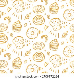 Pastry, sweet bakery seamless pattern with baked goods. Confectionery baking design. Hand drawn cupcakes and muffins doodles background for wrapping paper, package print, cafeteria and shop wallpapers