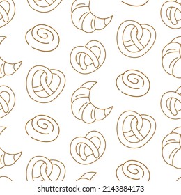 Pastry, sweet bakery seamless pattern with baked goods. Confectionery baking design. Hand drawn croissant and pretzel doodle background for wrapping paper, package print, cafeteria and shop wallpapers