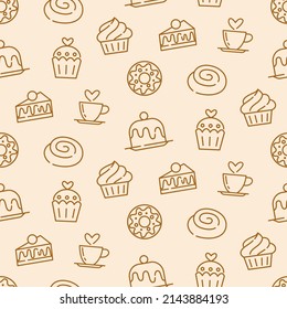 Pastry, sweet bakery seamless pattern with baked goods. Confectionery baking design. Hand drawn cupcakes and muffins doodles background for wrapping paper, package print, cafeteria and shop wallpapers