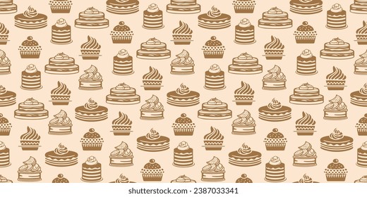 Pastelería, panadería dulce sin soldadura. Diseño de pastelería. Pasteles dibujados a mano, bizcochos y muffins fondo de doodles para papel de embalaje, papel de paquete, cafetería y vectores de tienda