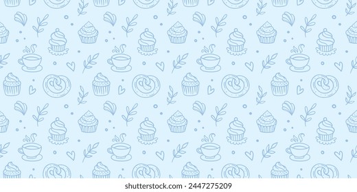 Pastry, sweet bakery seamless pattern with baked goods. Confectionery baking design. Hand drawn cupcakes and muffins doodles background for wrapping paper, package print, cafeteria and shop wallpapers