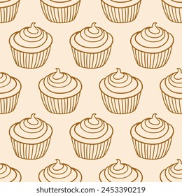 Pastelería, panadería dulce sin patrón con productos horneados. Cupcakes dibujados a mano y muffins doodles de fondo para envolver papel. Diseño de panadería de confitería. Impresión de paquetes, cafetería y Fondos de pantalla de la tienda